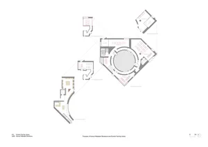 Floor plan of a modern library with a concrete design.