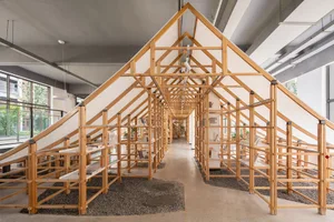Modern wooden shelves in a library