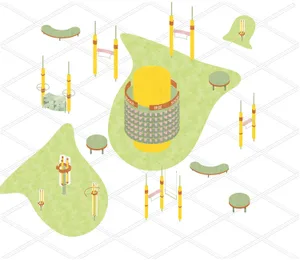 A modern playground with green and yellow equipment