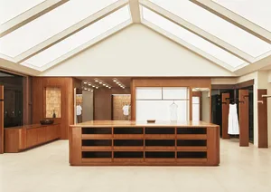 A minimalist retail space featuring a wooden interior with a central display area and clothing racks.