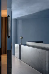 Modern interior design featuring a luxurious marble commercial entry.