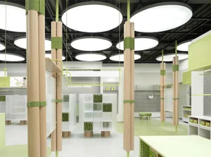 Modern retail store interior featuring wooden columns, glass partitions, and green accents