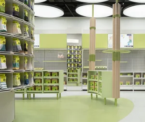 A modern retail store section showcasing green painted wooden shelves and display units.