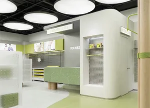 Modern retail store with a distinctive cashier desk featuring terrazzo glass.
