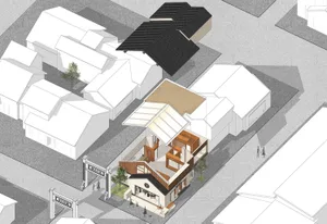一張現代復古風格的建築渲染圖，呈現木質室內設計。