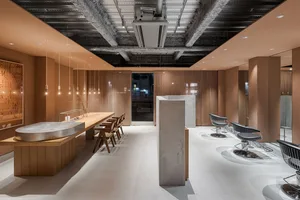 Modern interior design of a salon featuring concrete and wood materials.