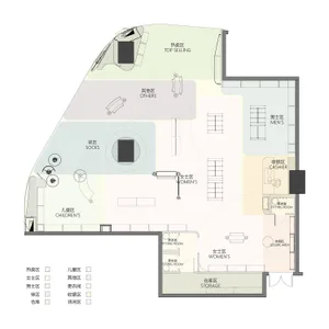 Floor plan of a retail store with neutral color scheme and distinct zones for top-selling items, others, socks, children's cl