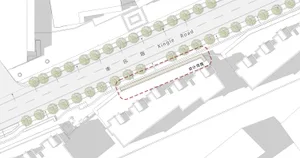 A detailed architectural plan of a road with trees and pavement.
