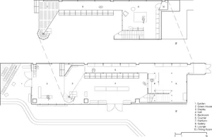 A detailed architectural floor plan of a commercial building, featuring various functional zones and spaces.