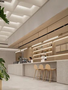 Interior design of a modern coffee shop featuring natural wood materials.