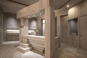 Modern interior commercial space with travertine materials