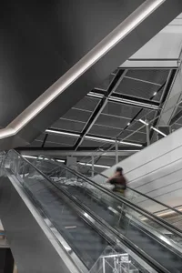 Modern interior design featuring metallic materials and sleek lines.