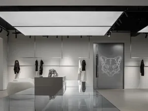 Minimalist retail space featuring metal and glass design elements