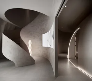 A modern interior design featuring a concrete staircase with curved surfaces and minimalist lighting in a contemporary space.