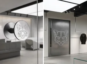 Modern storefront with metal material and cat head design.