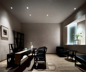 A modern minimalist living room featuring natural wood furniture, glass panels, and black leather chairs.