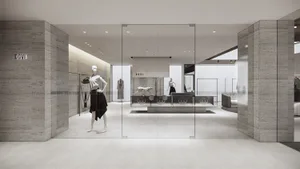 Modern minimalist retail store featuring concrete and glass storefront and interior design