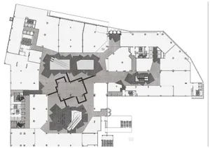 A detailed 2D architectural plan depicting the layout of a modern office space.