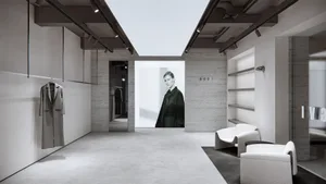 An interior design image of a modern retail space featuring concrete materials and minimalist design.
