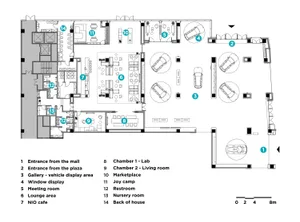 一張詳細的2D建築圖，展示購物中心內部商業空間，混凝土牆面搭配金屬欄杆