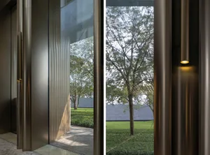 Modern design featuring metal and glass entrance doors
