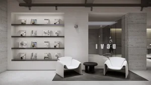 A modern product store interior with concrete and glass materials.