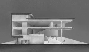 現代簡約建築室內空間，混凝土牆面與地板。