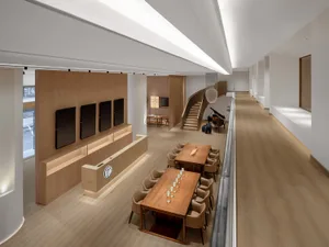 An interior design image of a modern coffee shop featuring wooden furniture and minimalist decor.