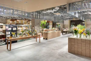A modern floral shop with wooden decor and potted plants.