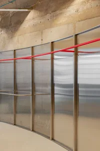 Modern interior featuring a metal grid structure