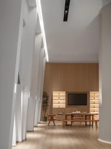 A modern living room with wooden furniture and shelving.