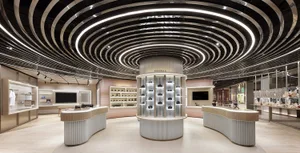 A contemporary photography studio with modern lighting and design elements.