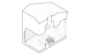 2D architectural drawing of a compact interior space with a wooden material palette