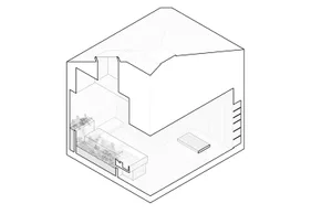 A black and white line drawing of an architectural isometric view showing the interior design of a building.