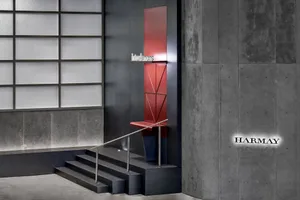 Modern interior design featuring black concrete walls, stairs, and a red structure.