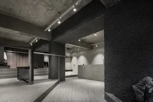 A minimalist interior with concrete walls and floors, featuring modern design elements.
