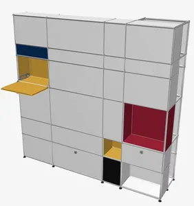 Modern, industrial-style storage system with metal panels and modular design.
