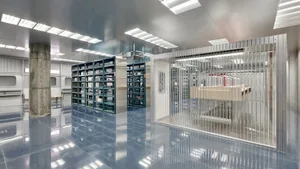 Modern industrial-style library with metallic shelving and minimalistic design