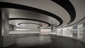 Modern retail space featuring industrial materials such as metal, concrete, and glass.