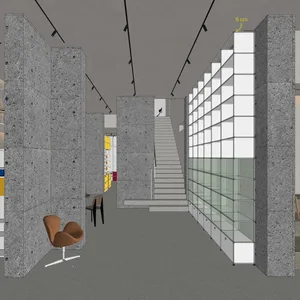 A modern retail storefront with a glass wall and a white grid design.