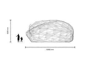 A wireframe drawing of an abstract architectural design.