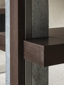Modern interior space featuring wooden shelves and concrete walls.