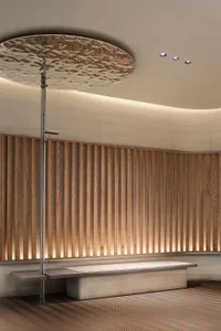 簡潔的現代簡約室內空間，木質天花板搭配金屬質感燈飾，以及當代設計元素