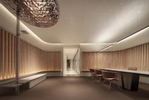 Modern office with wood paneling and a large, hanging art piece