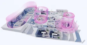 A modern office space rendered with mixed media materials.