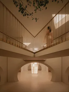 A modern interior space featuring glazed brick flooring.