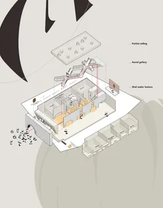 Interior design image of a modern office space, featuring open-plan workstations, meeting rooms, and a lounge area with a wal