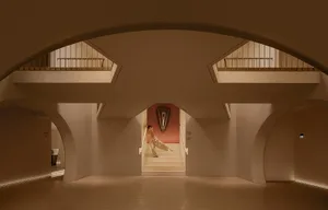 A modern interior design lobby featuring contemporary architectural elements and minimalist aesthetic