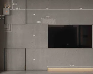 Modern interior design featuring a concrete wall with geometric shapes and a window.