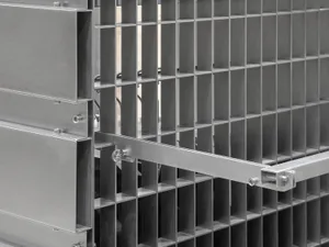 A detailed image of a metal mechanical room grid system.